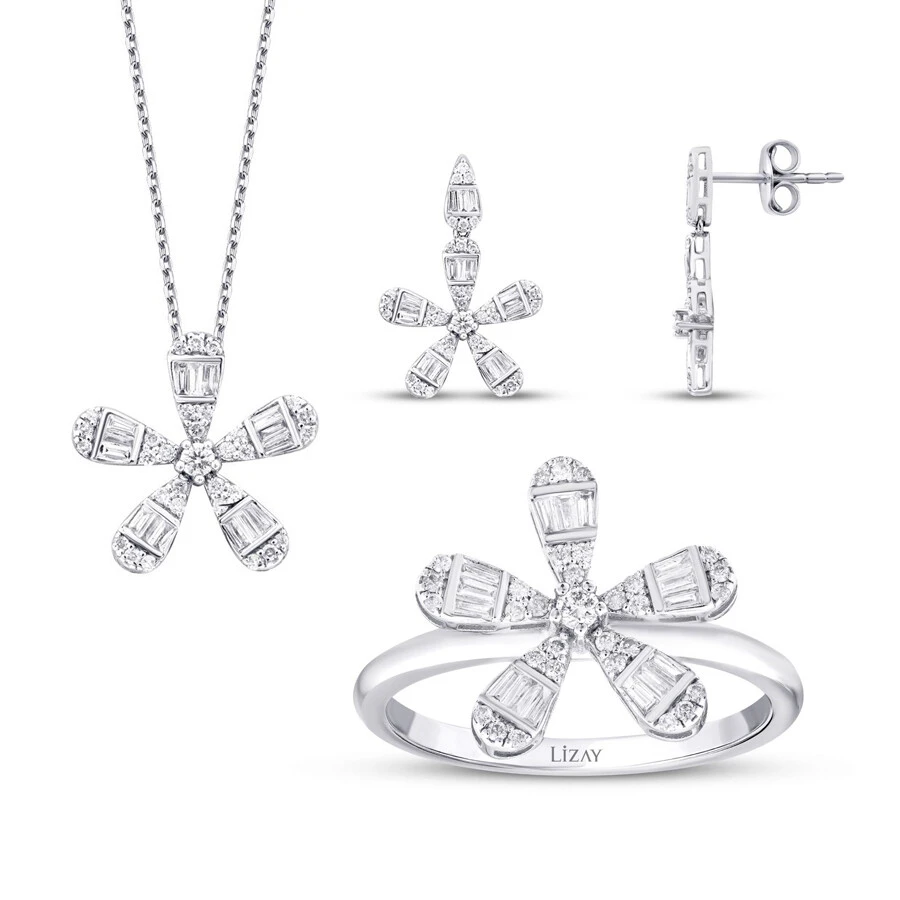 0.96 Karat Pırlanta Baget Çiçek Set - 1