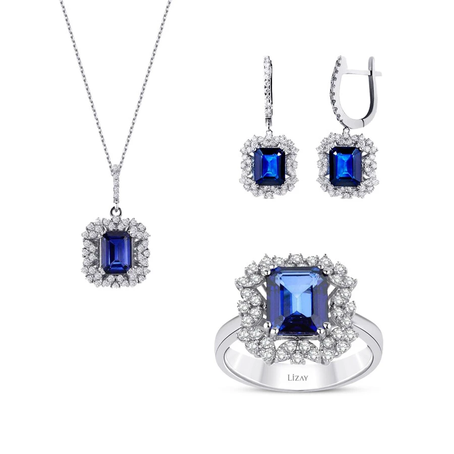 14.60 Karat Pırlanta Baget Safir Set - 1
