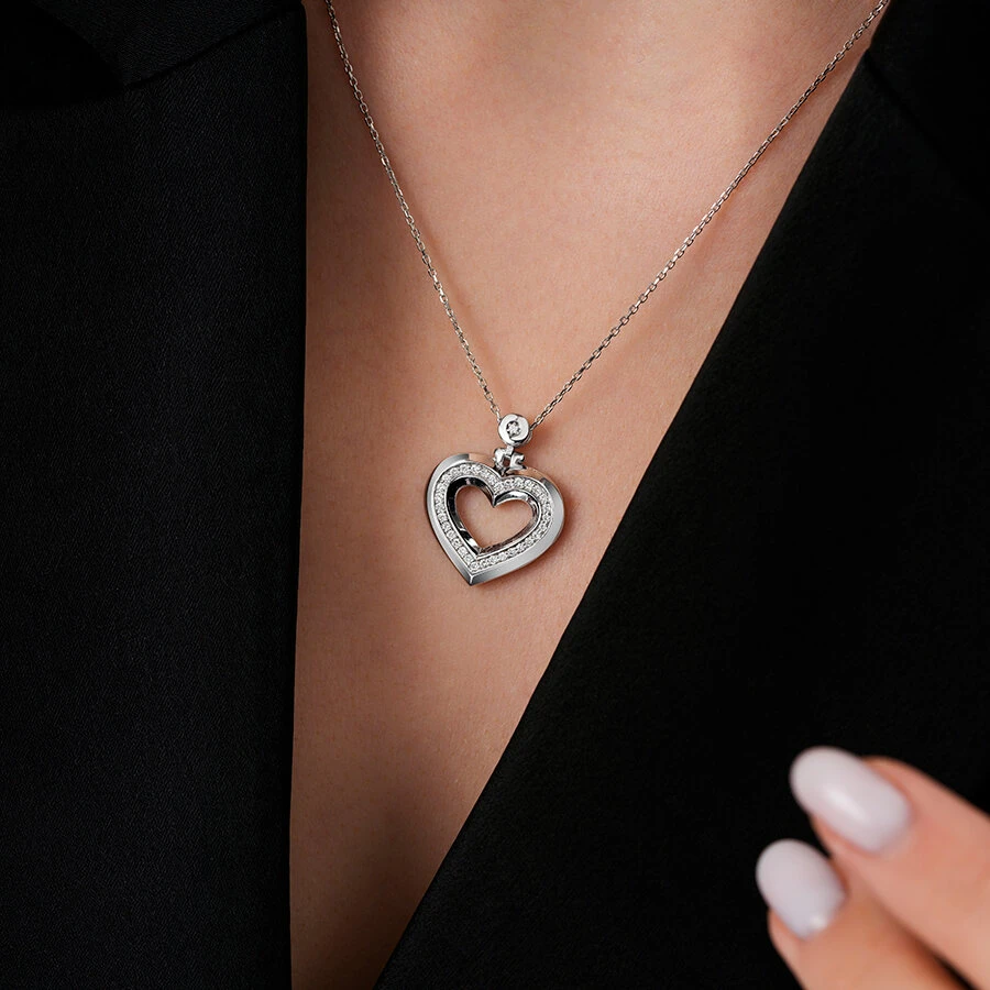0.25 Karat Pırlanta Yuvarlak Taşlı Kalp Trend Kolye - 1