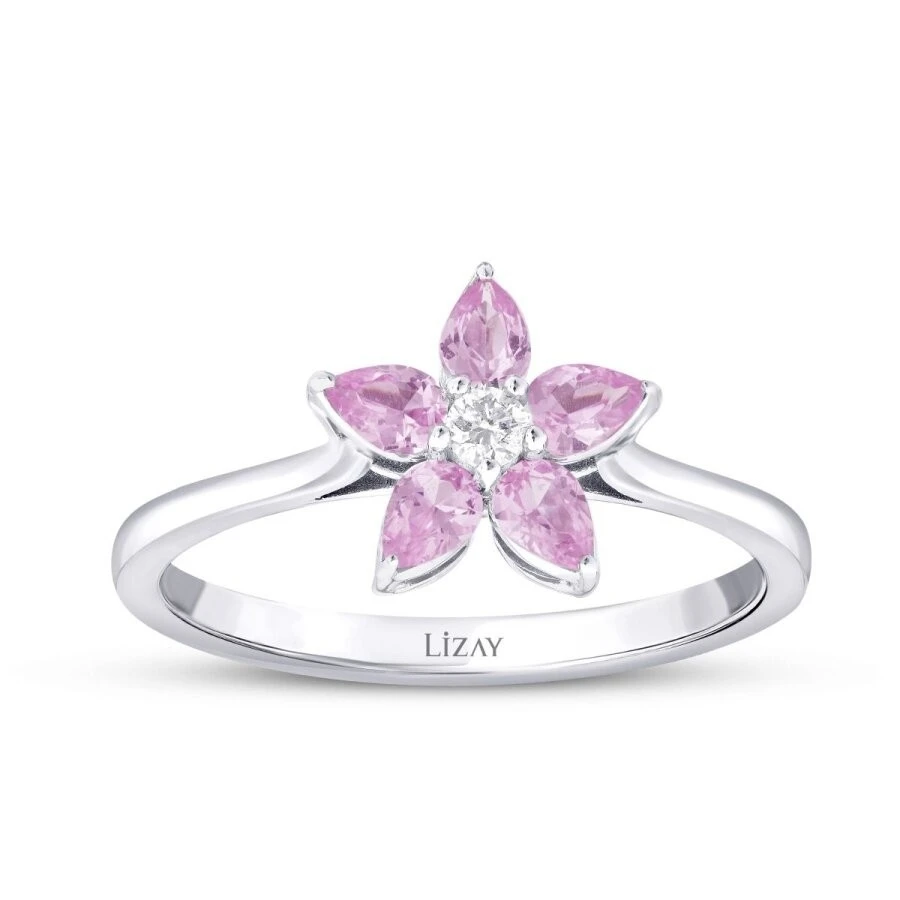 0.56 Karat Pırlanta Pembe Safir Çiçek Yüzük - 1