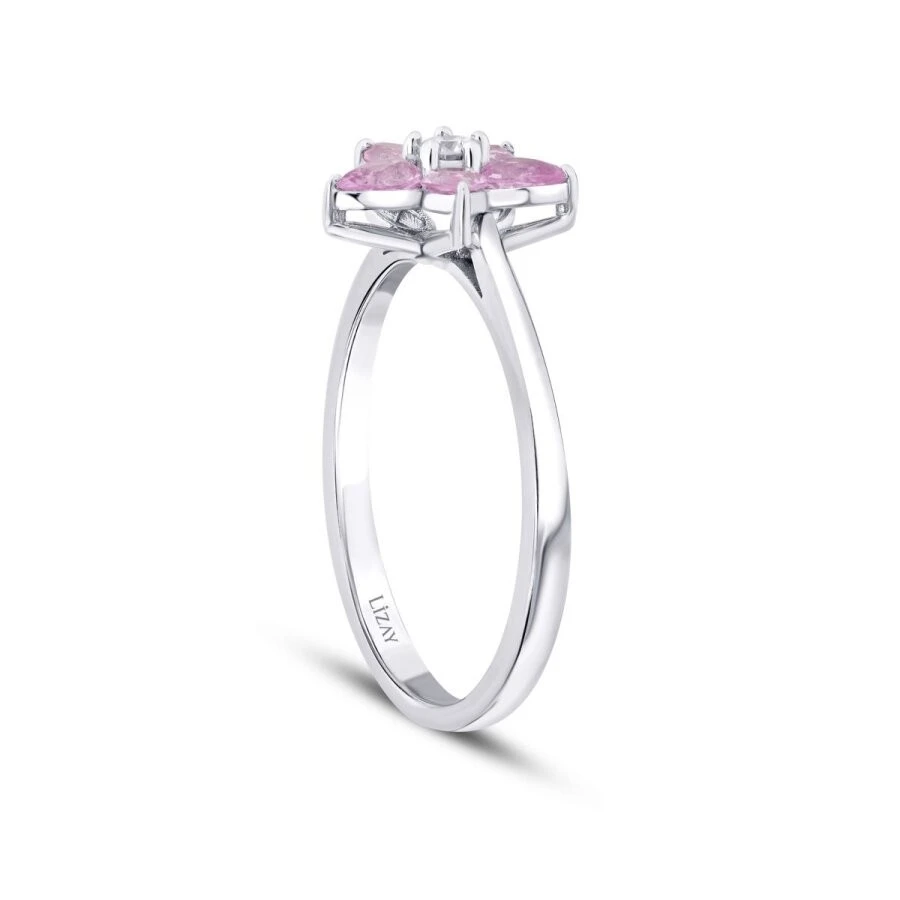 0.56 Karat Pırlanta Pembe Safir Çiçek Yüzük - 2
