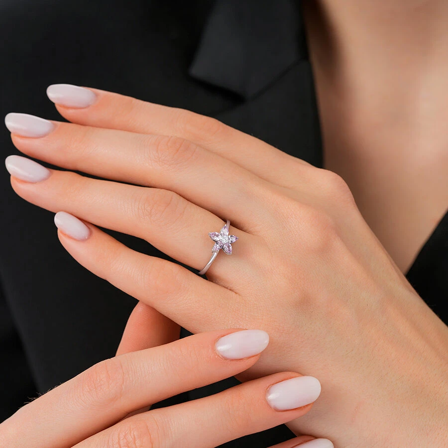 0.56 Karat Pırlanta Pembe Safir Çiçek Yüzük - 3
