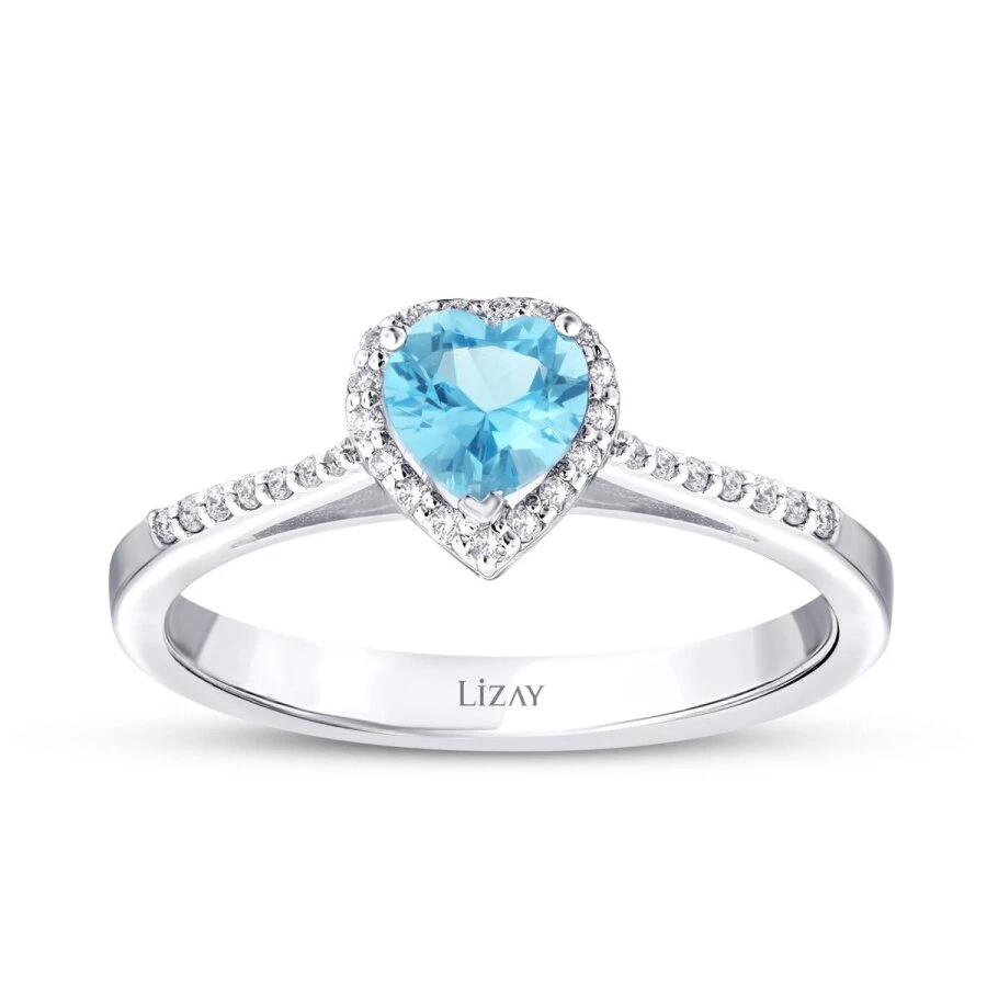 0.67 Karat Pırlanta Blue Topaz Kalp Yüzük - 1