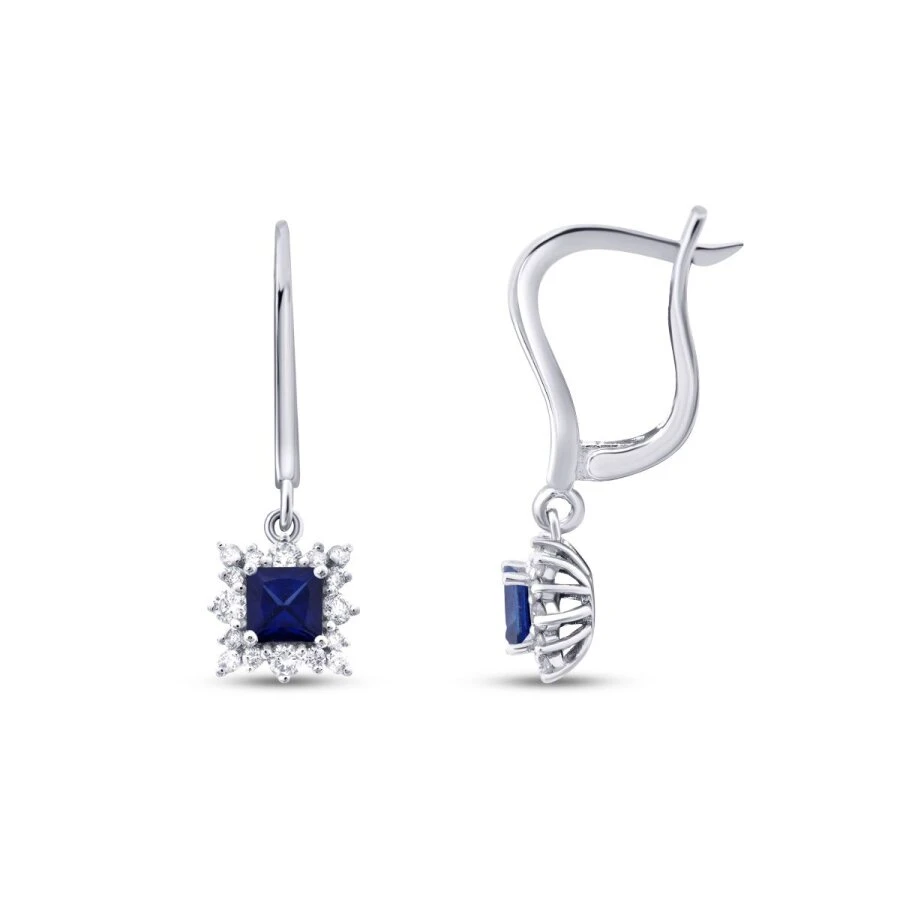 0.80 Karat Pırlanta Kare Taşlı Safir Küpe - 1