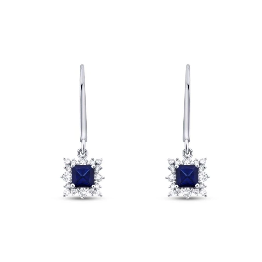 0.80 Karat Pırlanta Kare Taşlı Safir Küpe - 2
