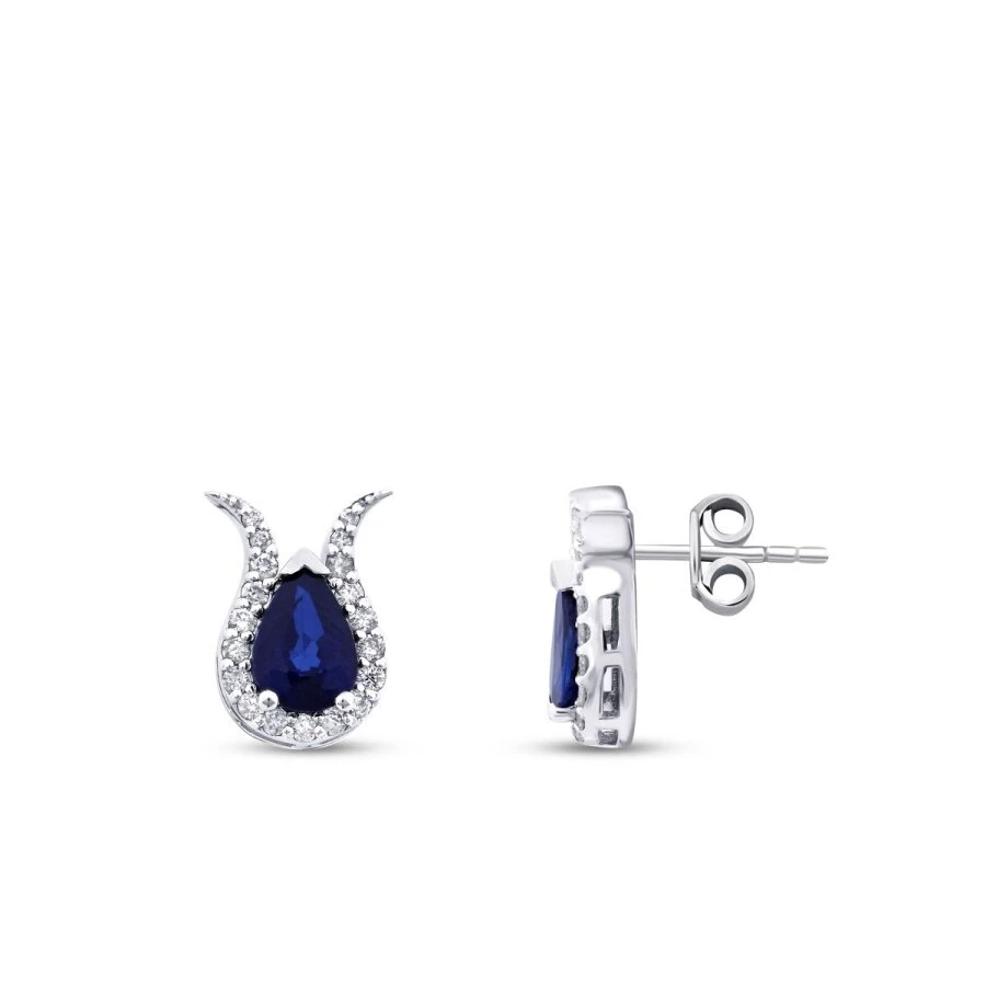 0.82 Karat Pırlanta Damla Taşlı Safir Küpe - 1
