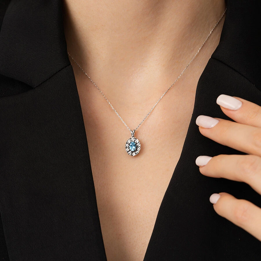 0.59 Karat Pırlanta Blue Topaz Kolye - 3