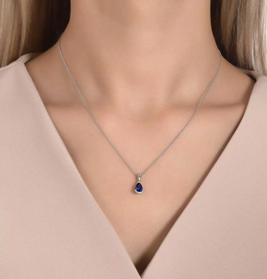 0.69 Karat Pırlanta Safir Damla Kolye - 3