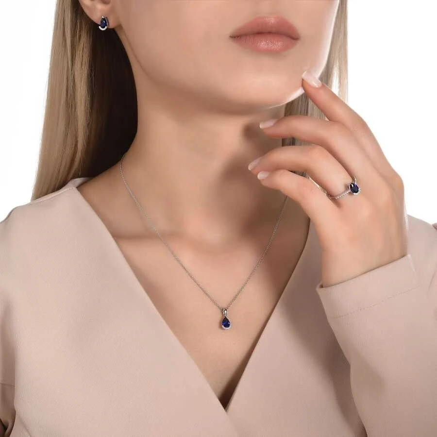 0.69 Karat Pırlanta Safir Damla Kolye - 4