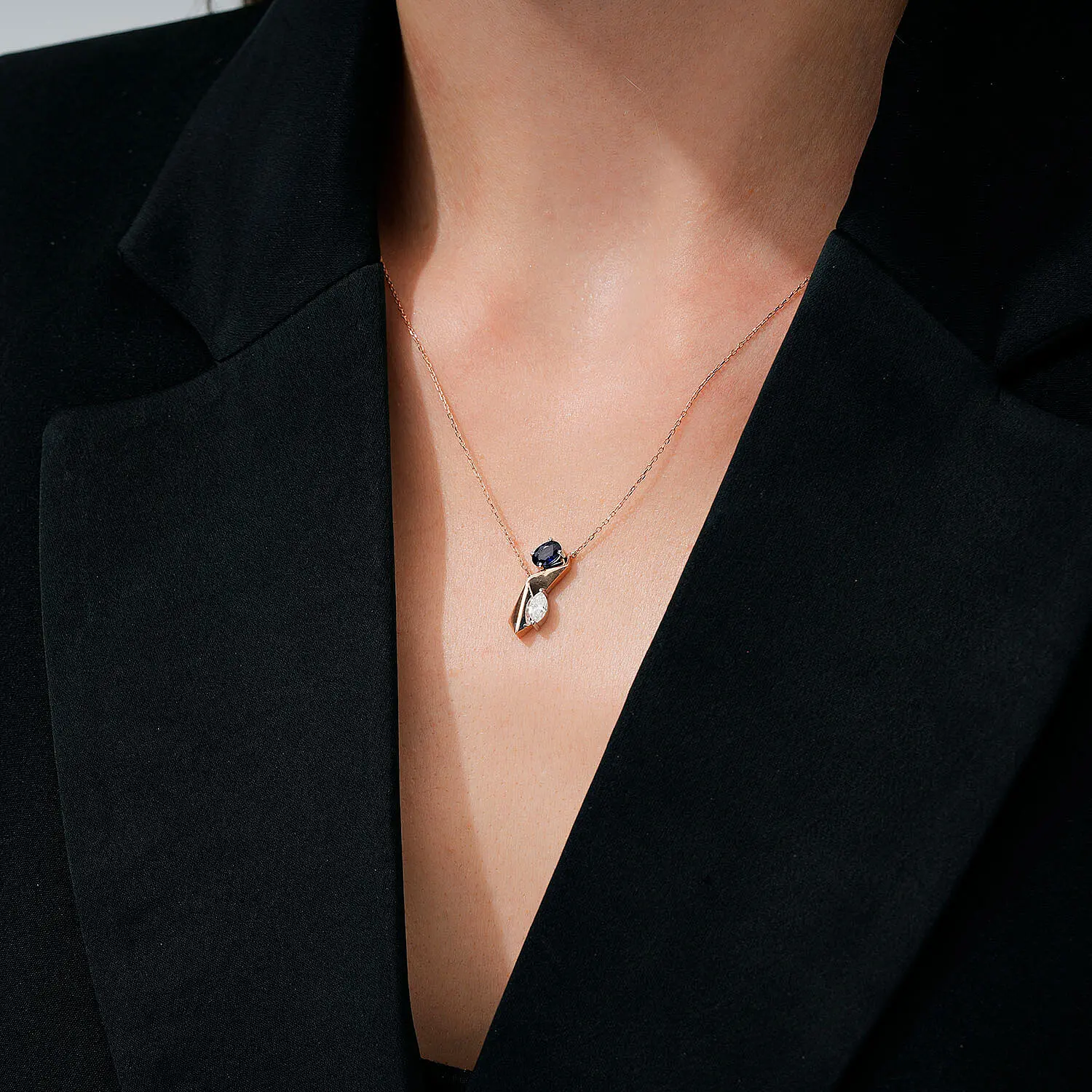 0.75 Karat Pırlanta Safir Kolye - 3