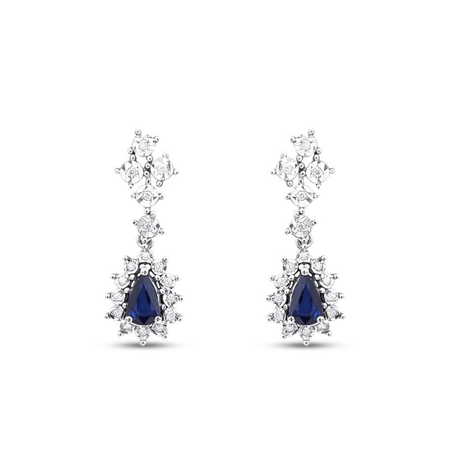 1.12 Karat Pırlanta Damla Taşlı Safir Küpe - 2