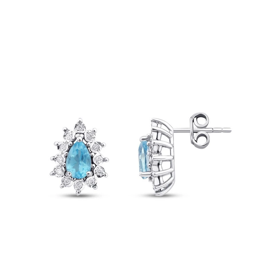 1.18 Karat Pırlanta Damla Taşlı Blue Topaz Küpe - 1