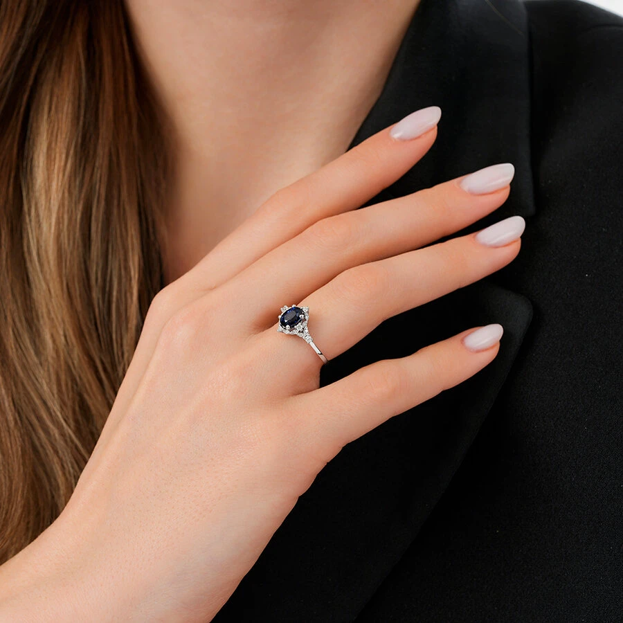 1.25 Karat Pırlanta Safir Oval Yüzük - 3