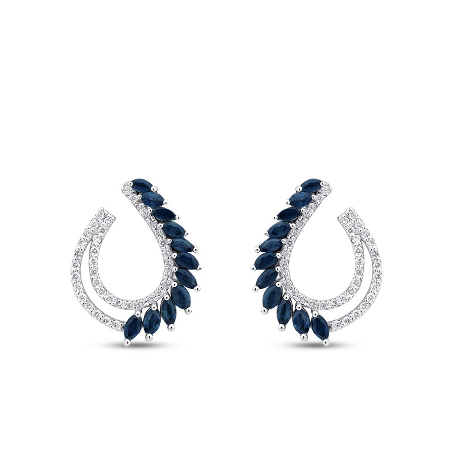 1.56 Karat Pırlanta Markiz Taşlı Safir Trend Küpe - 2