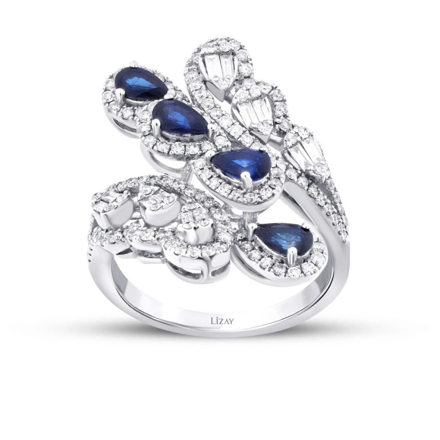 2.07 Karat Pırlanta Damla Taşlı Safir Trend Yüzük - 1