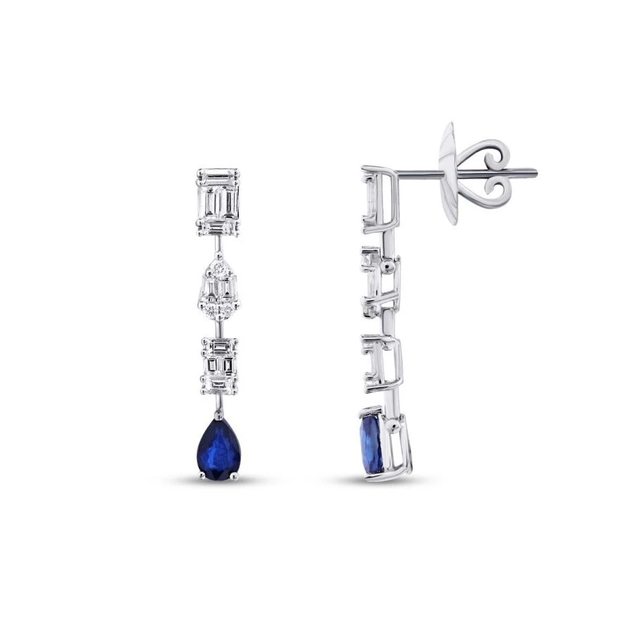 2.00 Karat Pırlanta Baget Safir Küpe - 1