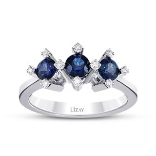 0.85 Karat Pırlanta Safir Tria Yüzük - 1