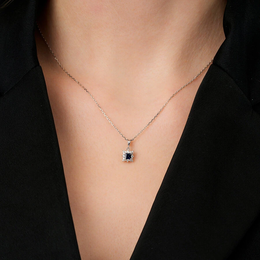 0.38 Karat Pırlanta Safir Kolye - 3
