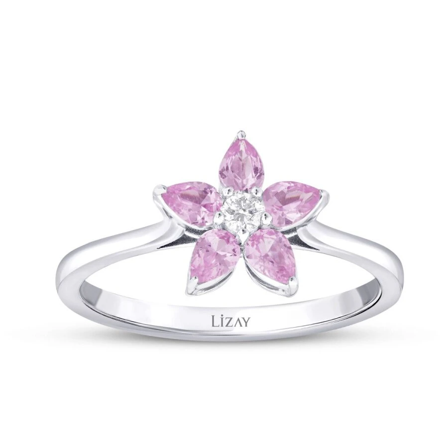 0.56 Karat Pırlanta Pembe Safir Çiçek Yüzük - 1