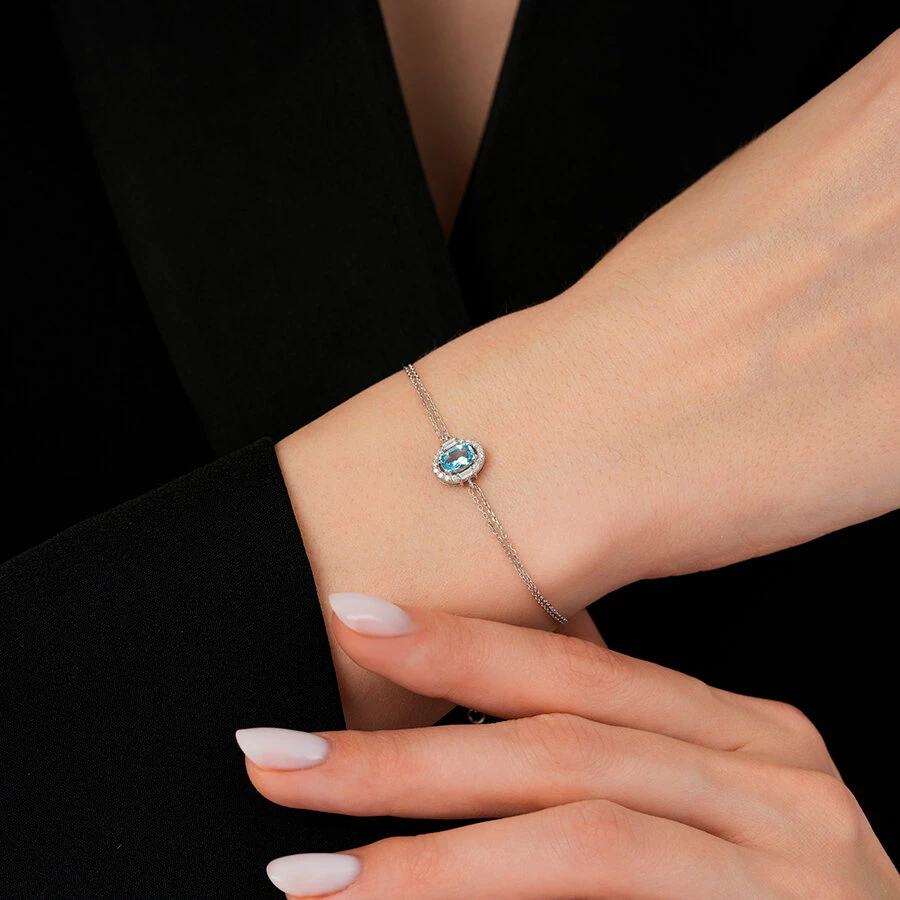 0.63 Karat Pırlanta Baget Taşlı Blue Topaz Bileklik - 3