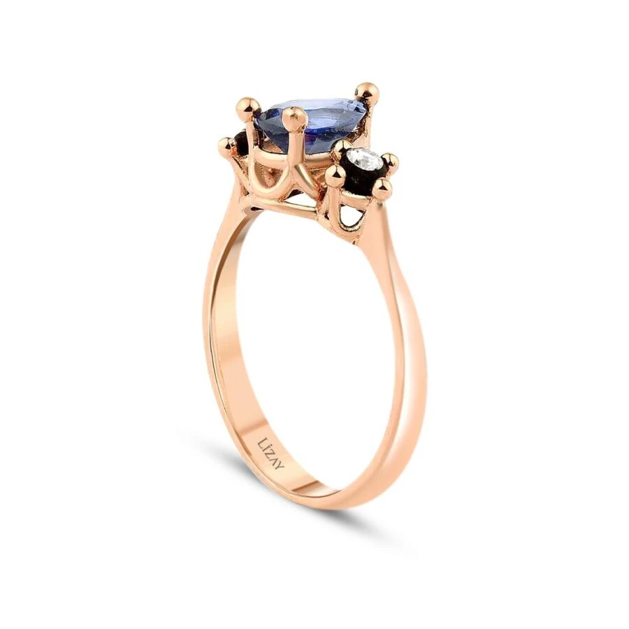 0.85 Karat Pırlanta Elmas Safir Yüzük - 2