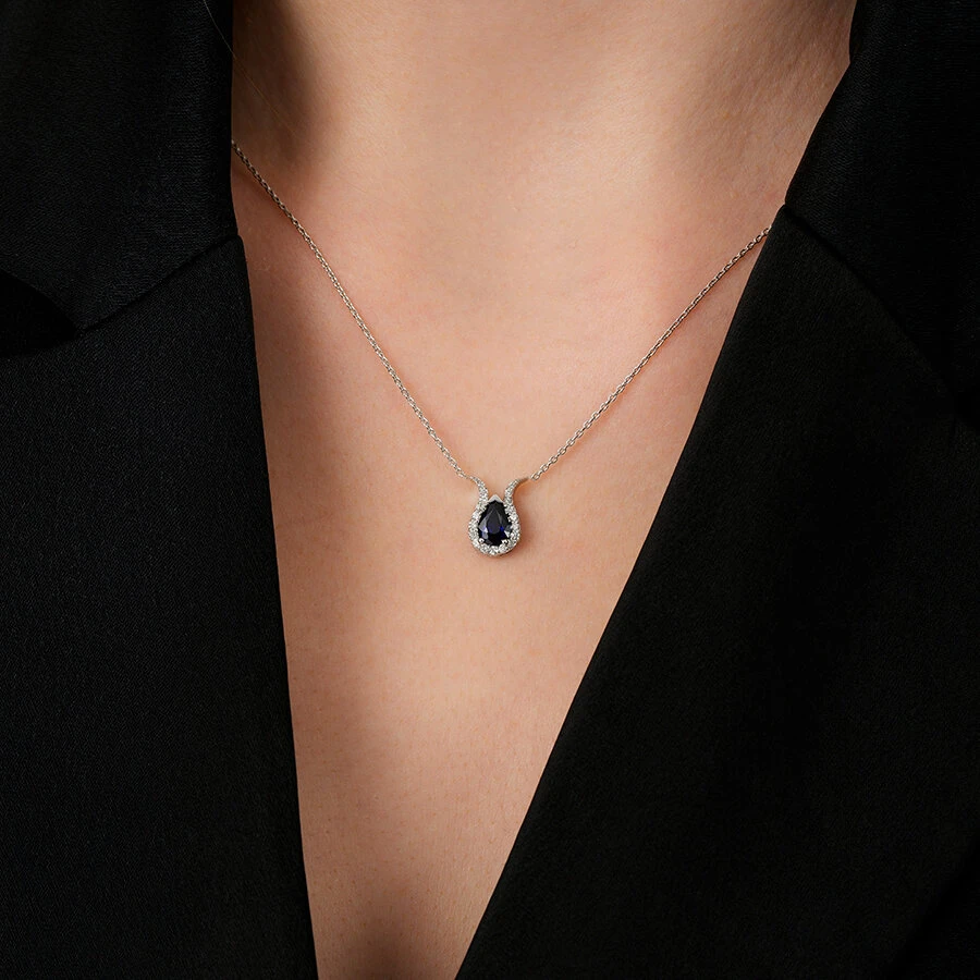 0.97 Karat Pırlanta Safir Damla Kolye - 3