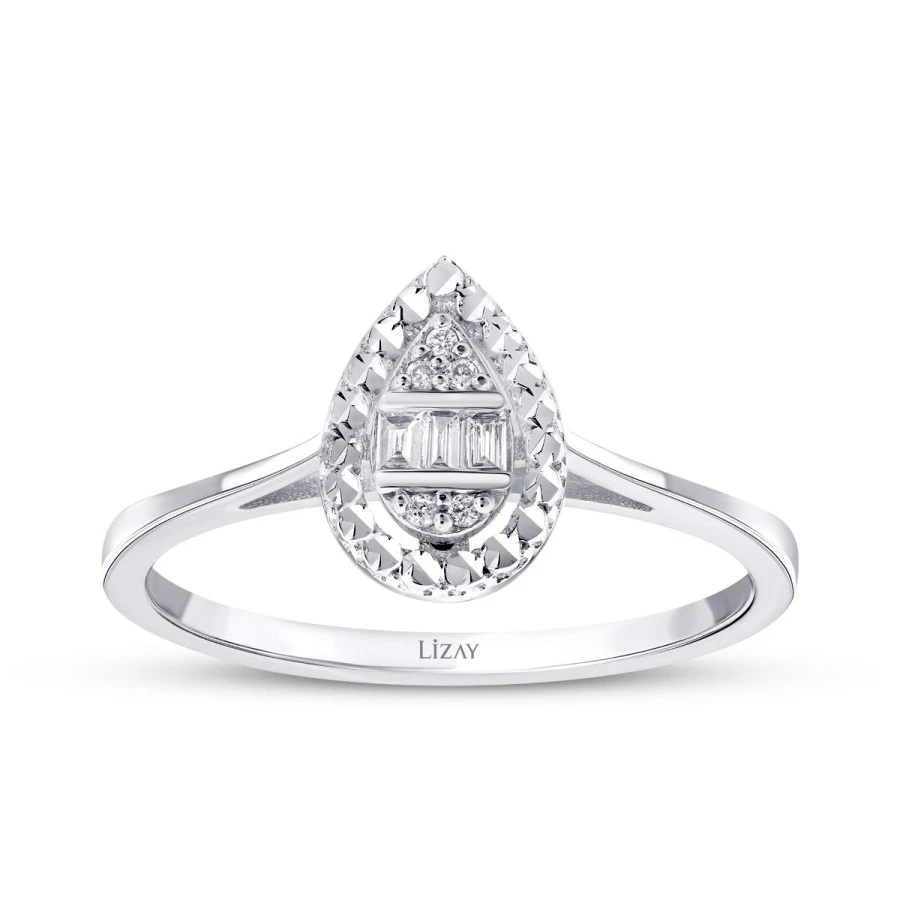 0.05 Karat Pırlanta Efektli Damla Baget Yüzük - 1