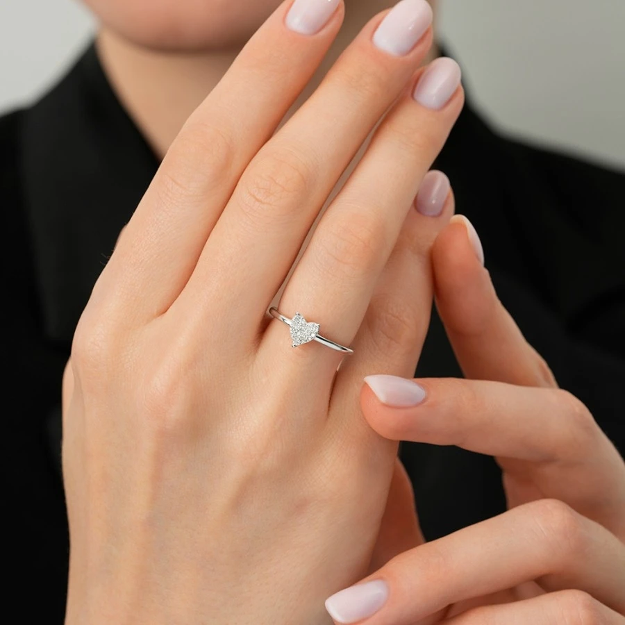 0.09 Karat Pırlanta Taşlı Kalp Yüzük - 3