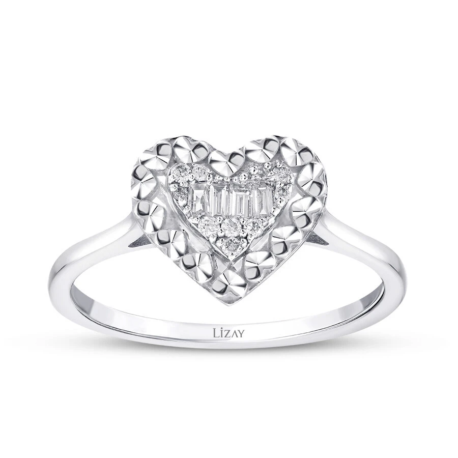 0.10 Karat Pırlanta Baget Kalp Yüzük - 1