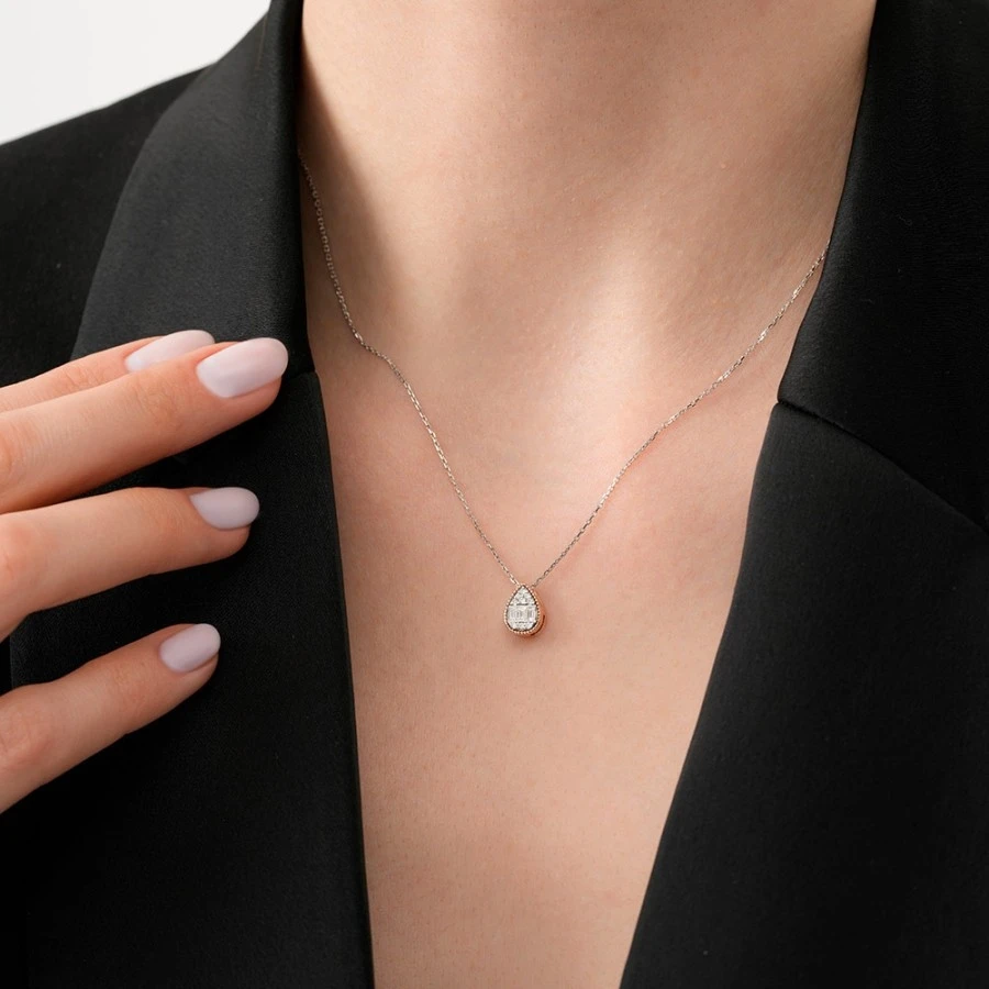0.14 Karat Pırlanta Baget Damla Kolye - 2