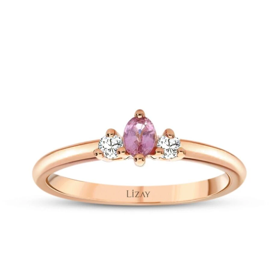 0.21 Karat Pırlanta Pembe Safir Yüzük - 1