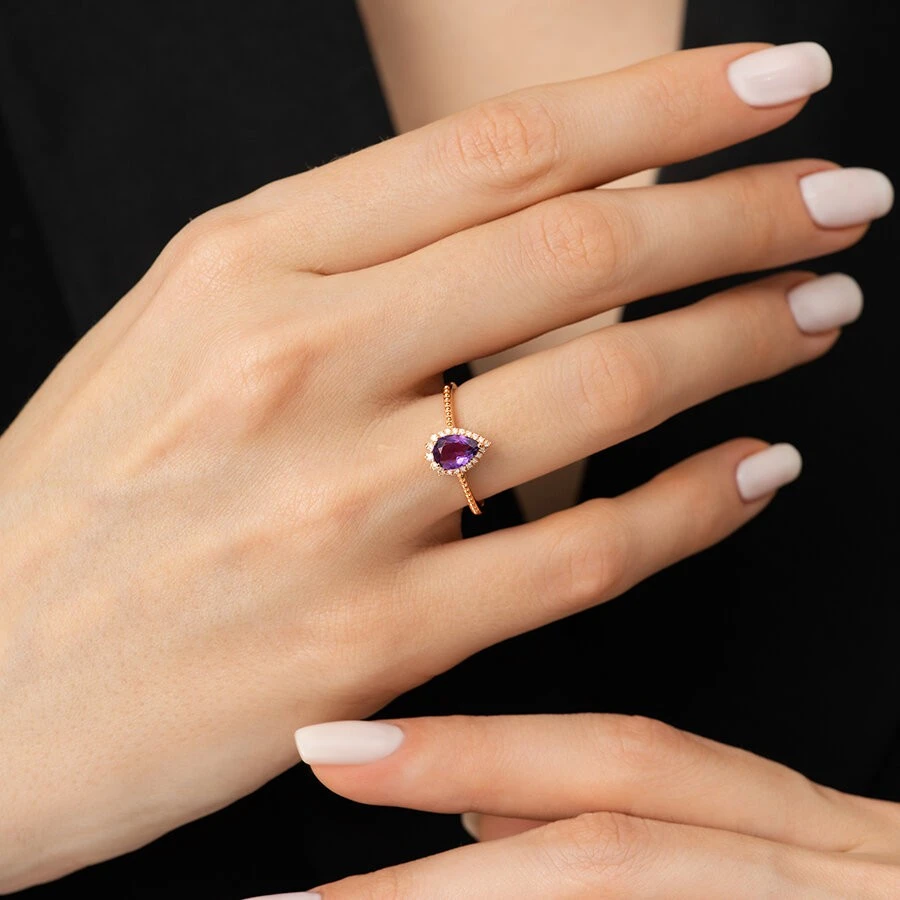 0.56 Karat Pırlanta Ametist Yüzük - 3