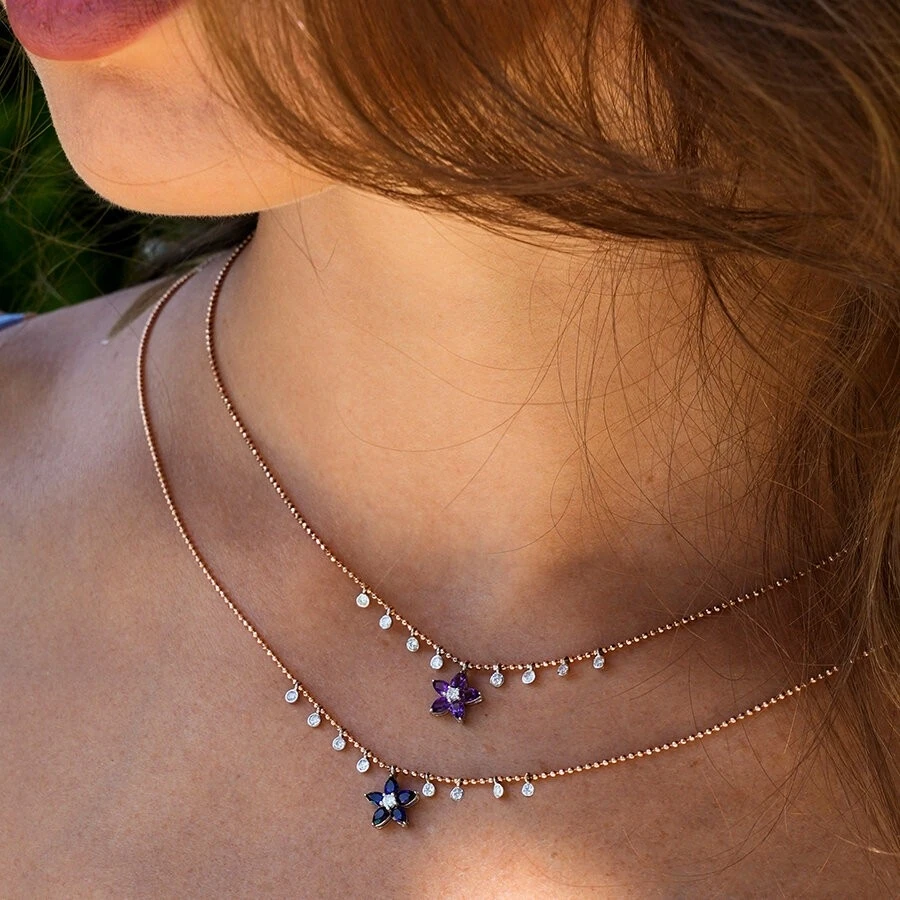 0.57 Karat Pırlanta Ametist Çiçek Kolye - 3