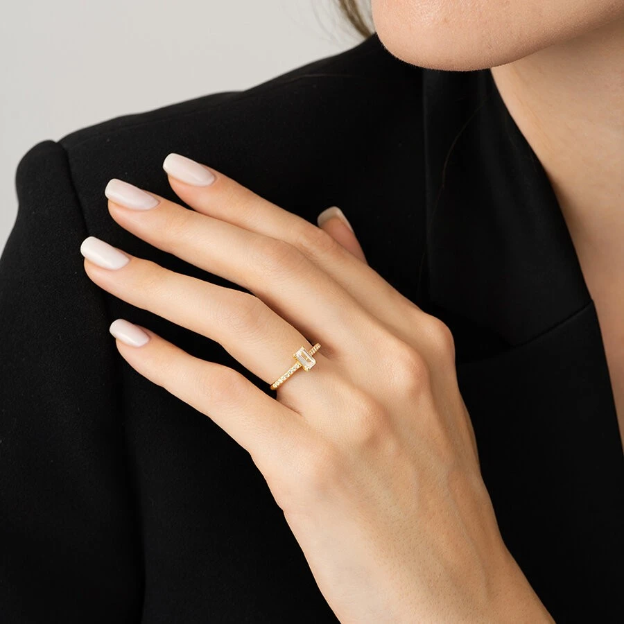 0.65 Karat Pırlanta Emerald Tektaş Yüzük - 3