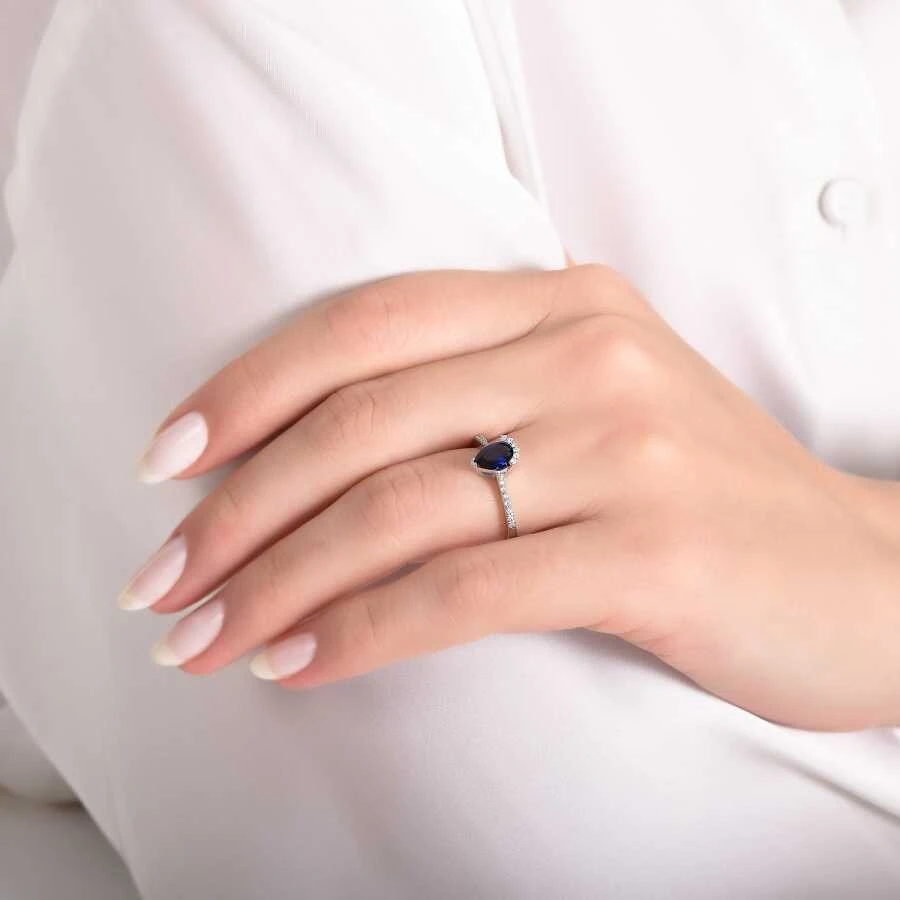 0.85 Karat Pırlanta Safir Yüzük - 3