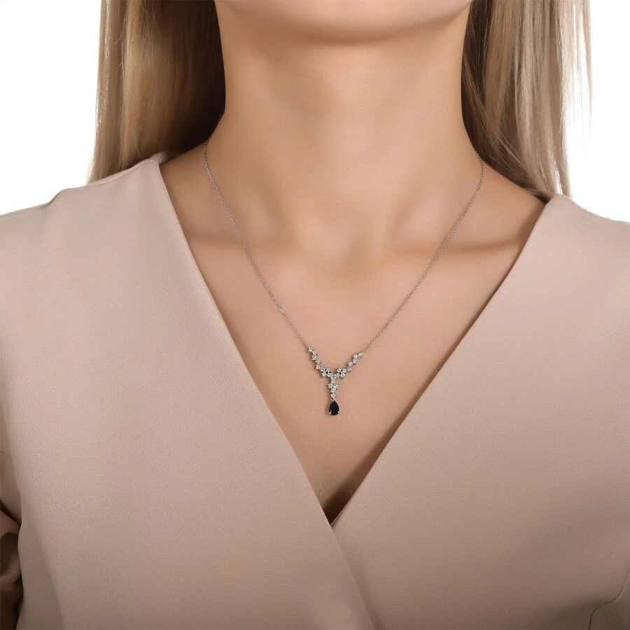 0.86 Karat Pırlanta Safir Damla Kolye - 3