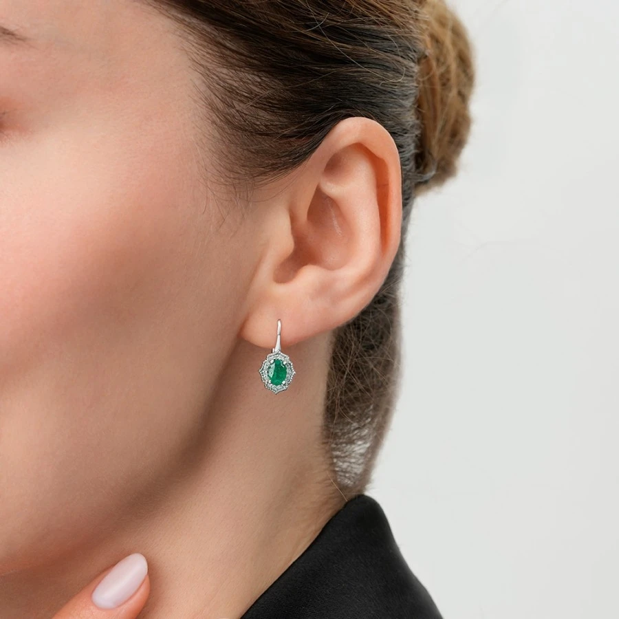 0.94 Karat Pırlanta Zümrüt Küpe - 3