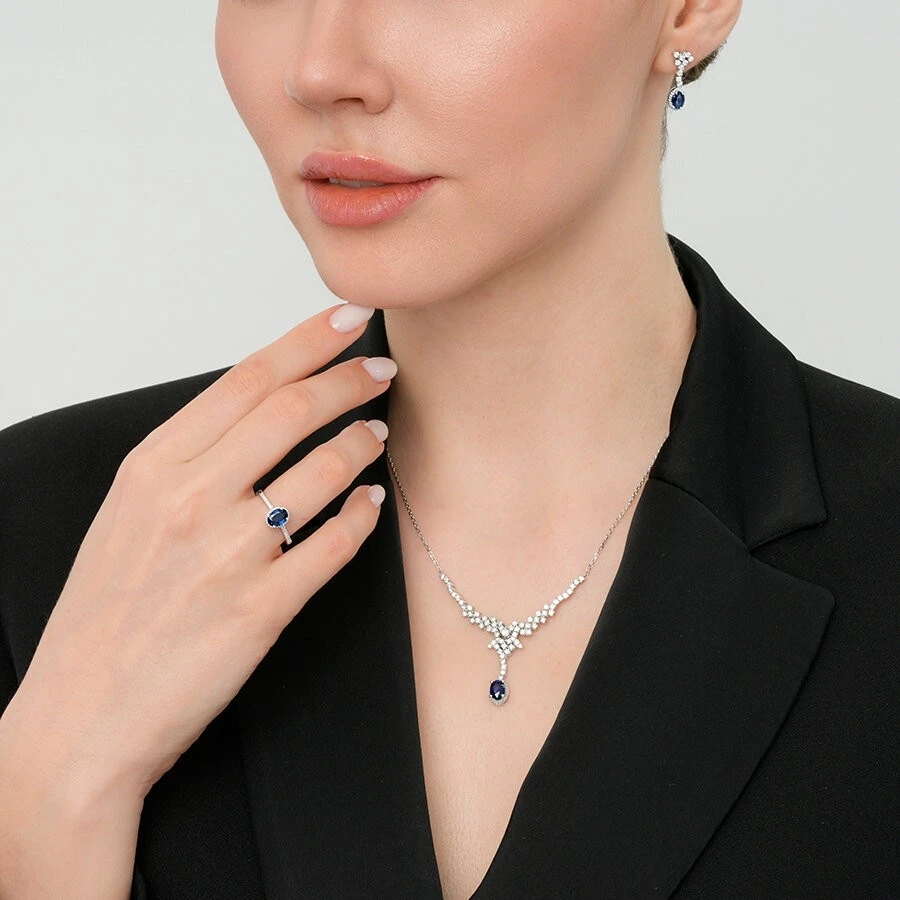 0.96 Karat Pırlanta Safir Yüzük - 4