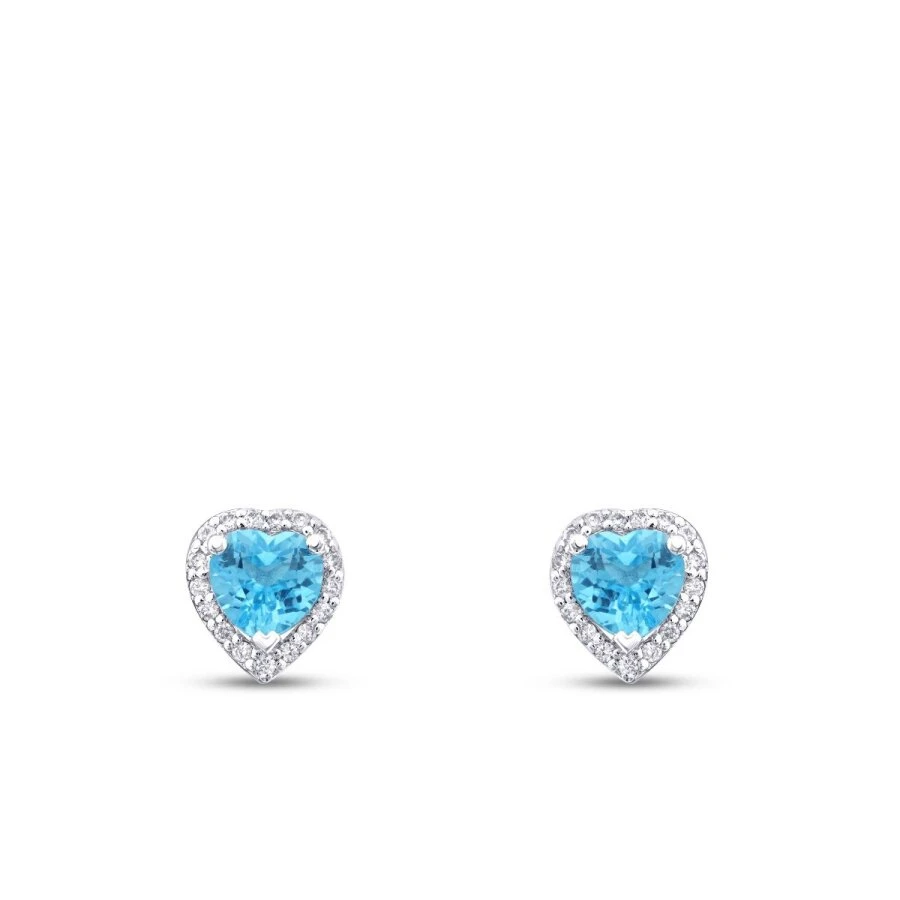 1.28 Karat Pırlanta Blue Topaz Kalp Taşlı Küpe - 2
