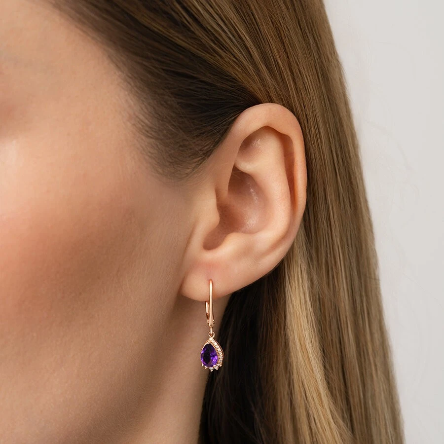 1.25 Karat Pırlanta Ametist Küpe - 3