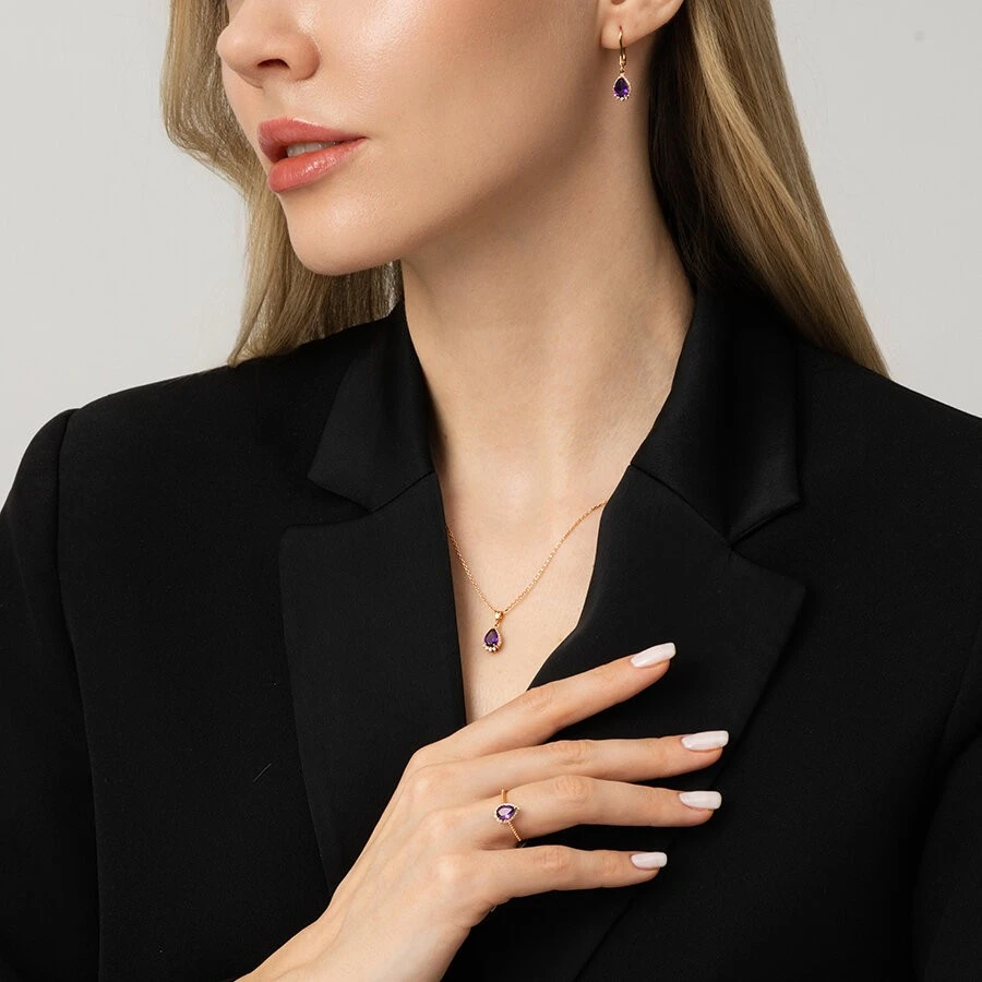 1.25 Karat Pırlanta Ametist Küpe - 4