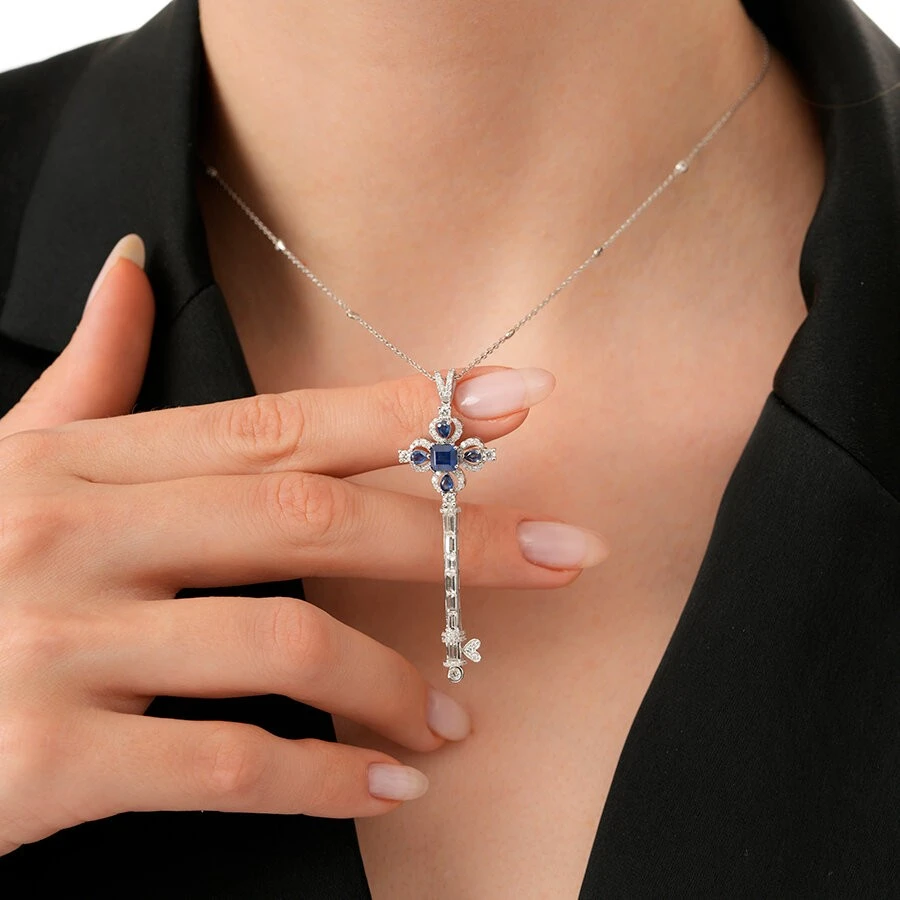 2.53 Karat Pırlanta Safir Anahtar Kolye - 3