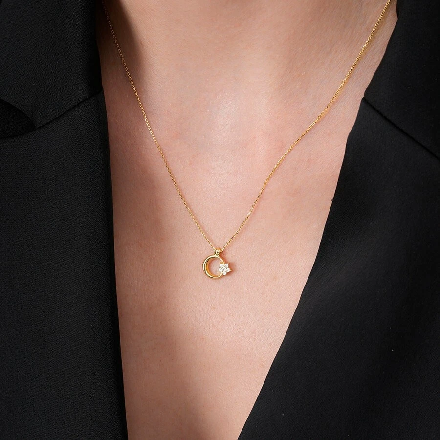 Altın Ay Yıldız Taşlı Kolye - 3
