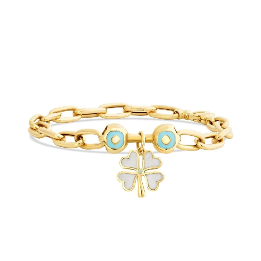 Altın Beyaz Mavi Mineli Yonca Bileklik - 1