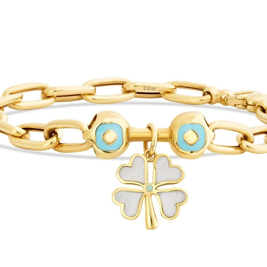 Altın Beyaz Mavi Mineli Yonca Bileklik - 2