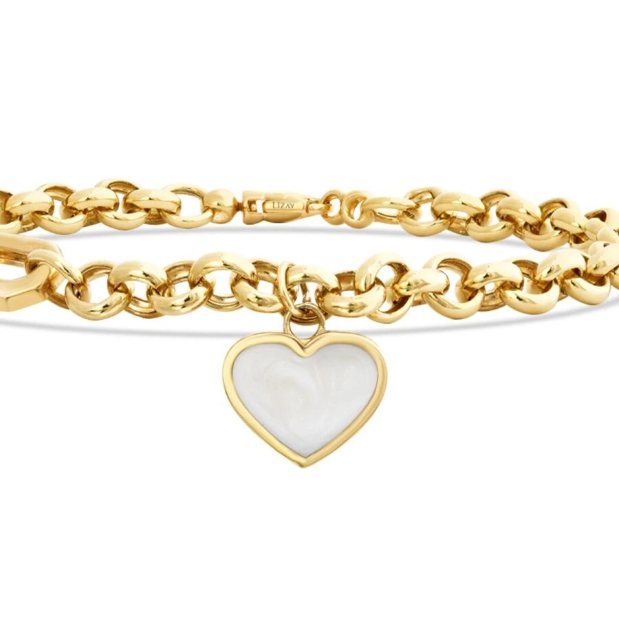 Altın Beyaz Mineli Kalp Zincir Bileklik - 2