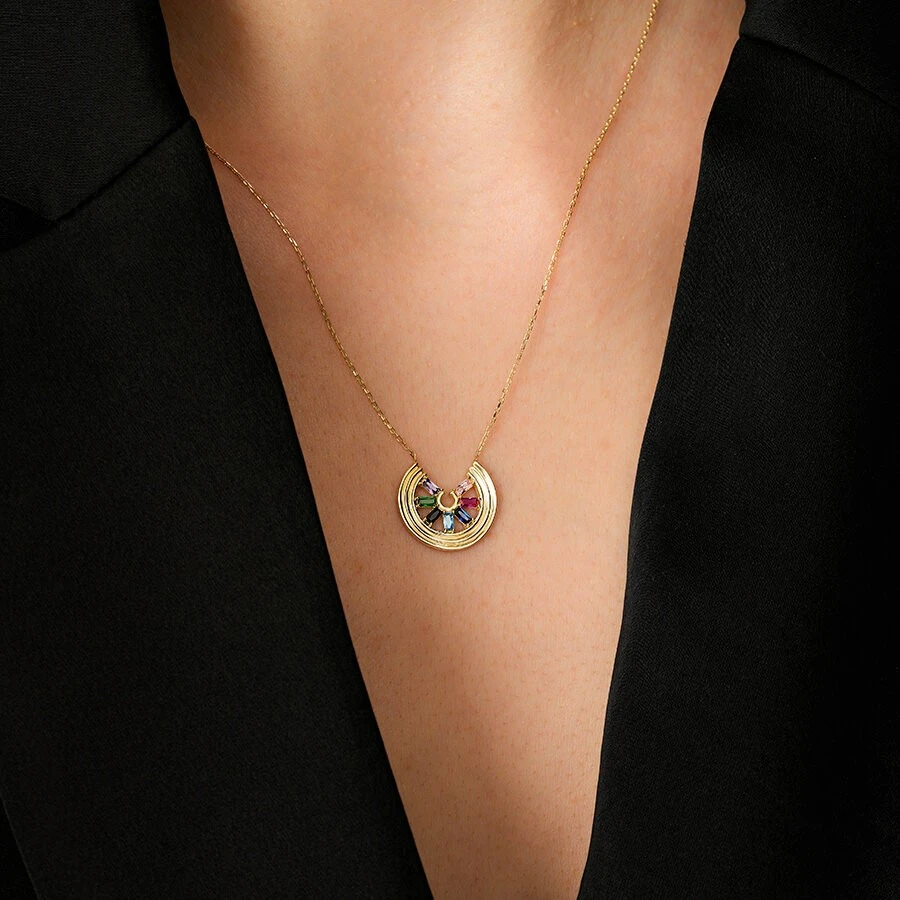 Altın Çok Renkli Taşlı Kolye - 3
