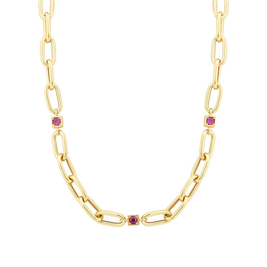 Altın Fuşya Taş Detaylı Zincir Kolye - 1