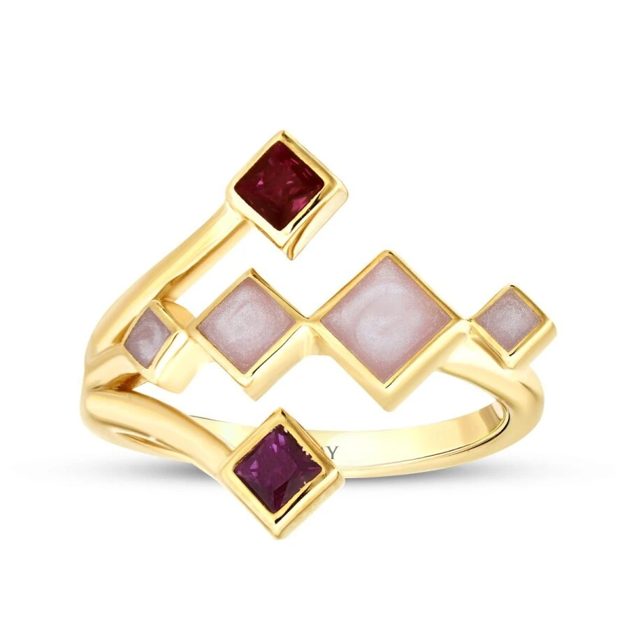 Altın Fuşya Taşlı Mineli Geometrik Trend Yüzük - 1
