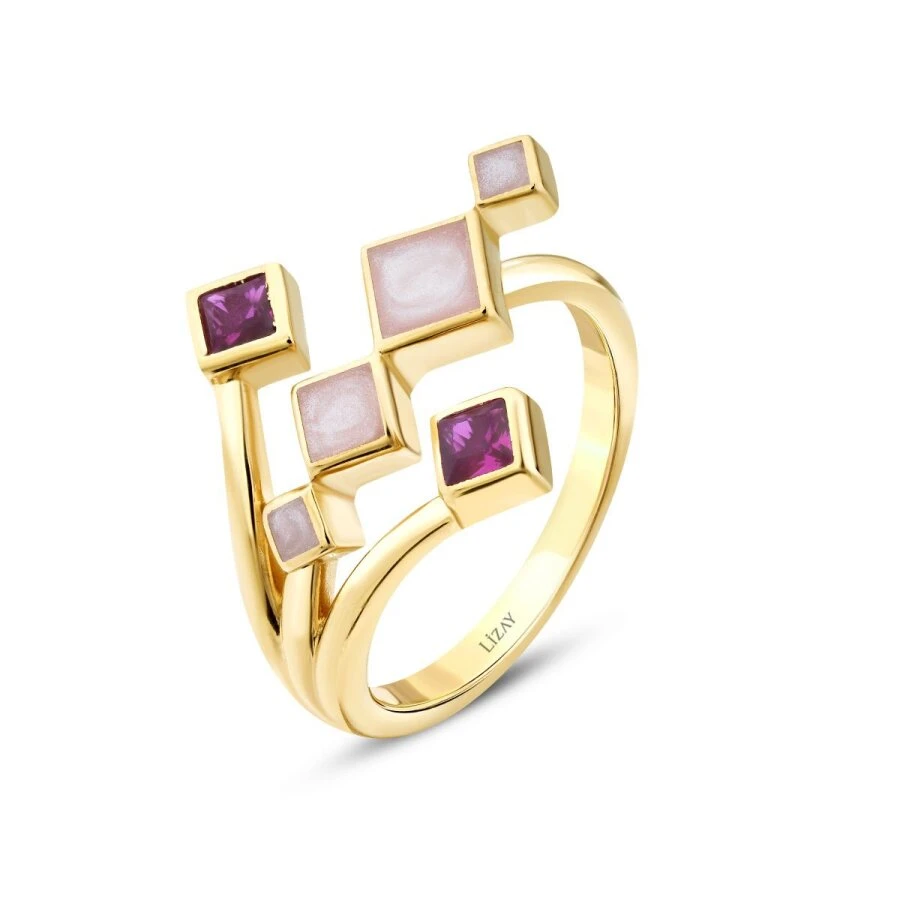 Altın Fuşya Taşlı Mineli Geometrik Trend Yüzük - 2